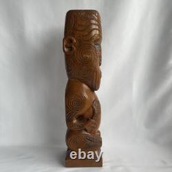 Vtg 17.5 Signed Stuart Pyne NZ Maori Tekoteko Wood Carving Paua Eyes Teko Tiki