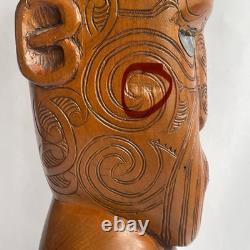 Vtg 17.5 Signed Stuart Pyne NZ Maori Tekoteko Wood Carving Paua Eyes Teko Tiki
