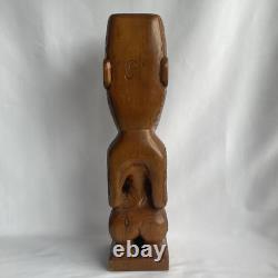 Vtg 17.5 Signed Stuart Pyne NZ Maori Tekoteko Wood Carving Paua Eyes Teko Tiki