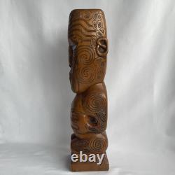 Vtg 17.5 Signed Stuart Pyne NZ Maori Tekoteko Wood Carving Paua Eyes Teko Tiki