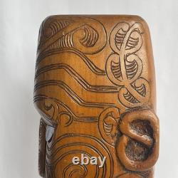 Vtg 17.5 Signed Stuart Pyne NZ Maori Tekoteko Wood Carving Paua Eyes Teko Tiki