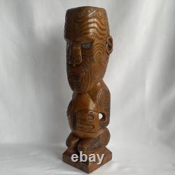 Vtg 17.5 Signed Stuart Pyne NZ Maori Tekoteko Wood Carving Paua Eyes Teko Tiki
