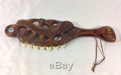 Vtg Maori Hand Carved Weapon (Tiger Shark-Tooth Club)Abalone Shell New Zealand