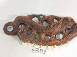Vtg Maori Hand Carved Weapon (Tiger Shark-Tooth Club)Abalone Shell New Zealand