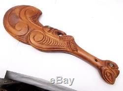 Vtg Maori Wood Wahaika War Club Patu Abalone Eyes New Zealand Tiki Weapon Carved