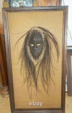 Vtg Mid Century Framed Wood Native New Zealand or Bukwus Mask Framed withHair