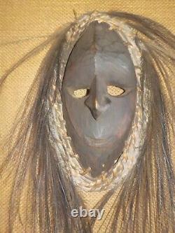 Vtg Mid Century Framed Wood Native New Zealand or Bukwus Mask Framed withHair