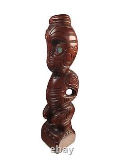 Vtg New Zealand Maori 11 Tiki Teko Hand Carved Figure Wood God Paua Shell Eyes