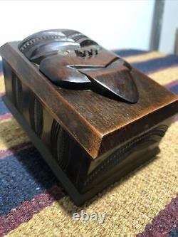 Vtg New Zealand Maori Hawaiian Tiki Polynesian Carved Wooden Treasure Box Paua