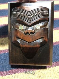 Vtg New Zealand Maori Hawaiian Tiki Polynesian Carved Wooden Treasure Box Paua