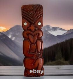 Vtg Wood Wooden Rotorua New Zealand Maori Tiki Hand Carved 11.25 Abalone Shell