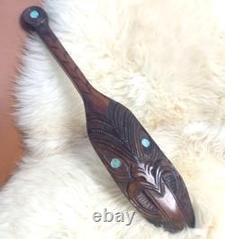 Vtg maori tiki tribal art terewa kerekere carved new zealand paddle oar shell