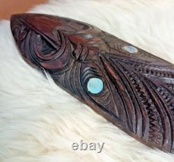 Vtg maori tiki tribal art terewa kerekere carved new zealand paddle oar shell