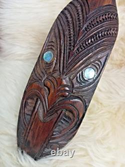 Vtg maori tiki tribal art terewa kerekere carved new zealand paddle oar shell