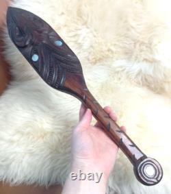 Vtg maori tiki tribal art terewa kerekere carved new zealand paddle oar shell