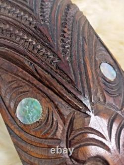 Vtg maori tiki tribal art terewa kerekere carved new zealand paddle oar shell