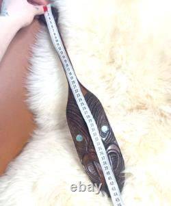Vtg maori tiki tribal art terewa kerekere carved new zealand paddle oar shell