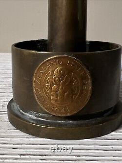 WW11 American Trench Art New Zealand 1942 Coin Candle Holder Brass Copper 7