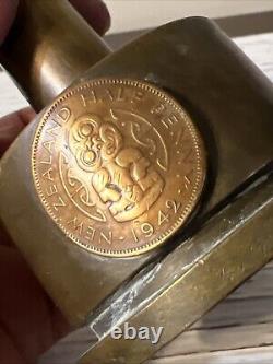 WW11 American Trench Art New Zealand 1942 Coin Candle Holder Brass Copper 7