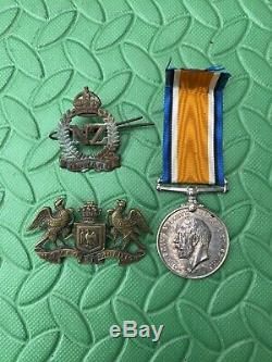 WWI Medal + 2 Badges L Cpl CJ Jaine Canterbury Mounted Rifles New Zealand NZEF