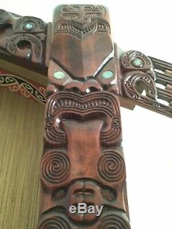 Whare Runanga Maori Tribal Meeting House Authentic Wood Carved Moko Statue 70s