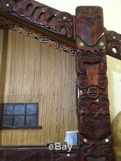 Whare Runanga Maori Tribal Meeting House Authentic Wood Carved Moko Statue 70s