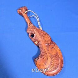 Wooden Maori New Zealand Wahaika Carved War Club with Abalone Inlays 15.5 Long