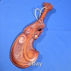 Wooden Maori New Zealand Wahaika Carved War Club with Abalone Inlays 15.5 Long