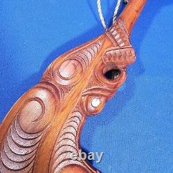 Wooden Maori New Zealand Wahaika Carved War Club with Abalone Inlays 15.5 Long