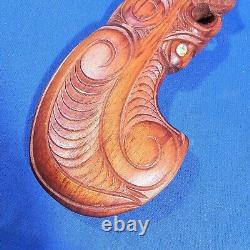 Wooden Maori New Zealand Wahaika Carved War Club with Abalone Inlays 15.5 Long