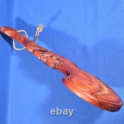 Wooden Maori New Zealand Wahaika Carved War Club with Abalone Inlays 15.5 Long