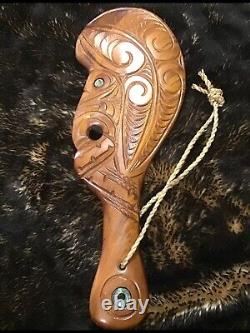 Wooden Maori New Zealand Wahaika Carved War Club with Abalone Inlays Signed T. V